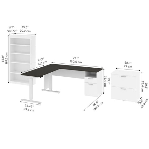 72W L-Shaped Standing Desk with Bookcase and File Cabinet
