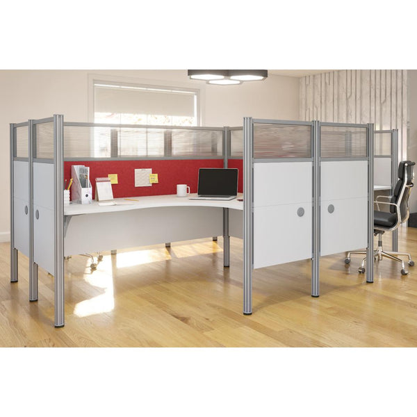 4-Person Office Cubicles with Red Tack Boards and High Privacy Panels
