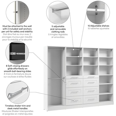 Modular Closet System with Shelves, Drawers & Clothing Rods, Shaker Style, 100W x 16D