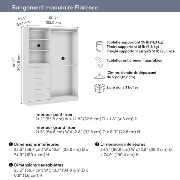 Modular Closet System with Shelves, Drawers & Clothing Rods, Slab Style, 61W x 16D