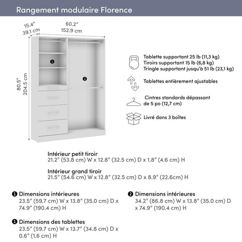 Modular Closet System with Shelves, Drawers & Clothing Rods, Slab Style, 61W x 16D