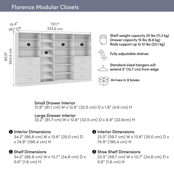 Modular Closet System with Shelves, Drawers, Clothing Rods & Shoe Racks, Shaker Style, 132W x 16D