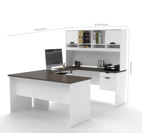 U or L-Shaped Desk with Hutch, a Lateral File Cabinet and a Bookcase