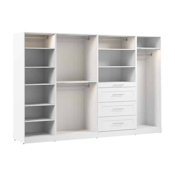 Modular Closet System with Shelves, Drawers, Clothing Rods & LED Lights, Shaker Style, 121W x 25D