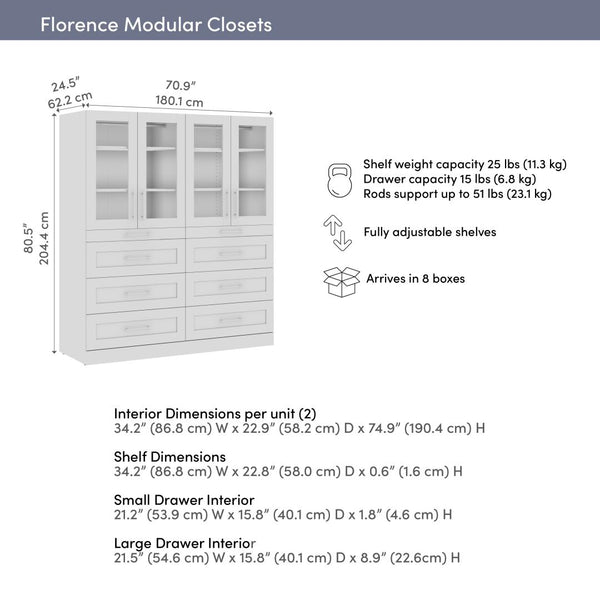 Modular Closet System with Shelves, Drawers, Doors & LED Lights, Shaker Style 71W x 25D