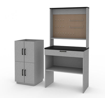 4-Piece Set including a Workbench with Pegboard and Stackable Storage Cabinets