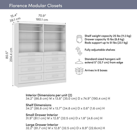 Modular Closet System with Shelves & Drawers, Shaker Style, 71W x 16D
