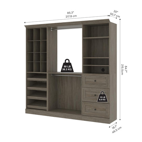 Traditional Closet System with Shelves, Drawers, Shoe Racks, Clothing Rods & Cubies, 86W x 20D