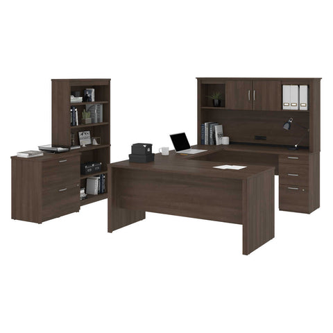 66W U-Shaped Desk with Hutch, Lateral File Cabinet, and Bookcase