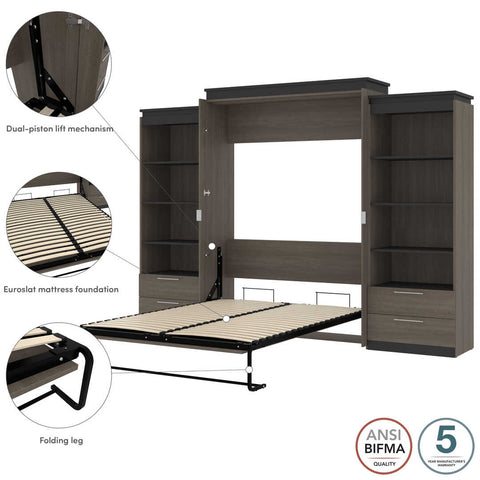 Queen Murphy Bed and 2 Shelving Units with Drawers (125W)