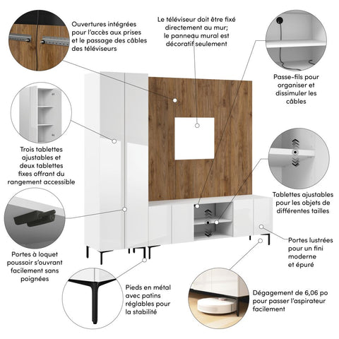 94W Modular Entertainment Center with TV Stand, Tall Storage Cabinet, and Small Wall Panel