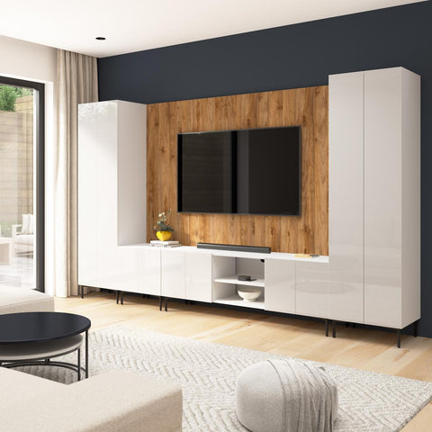 141W Modular Entertainment Center with TV Stand, Storage Cabinet, Tall Storage Cabinets, and Large Wall Panel