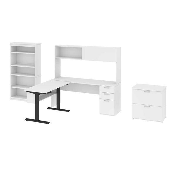 4-Piece set including a standing desk, a credenza desk with hutch, a lateral file cabinet, and a bookcase