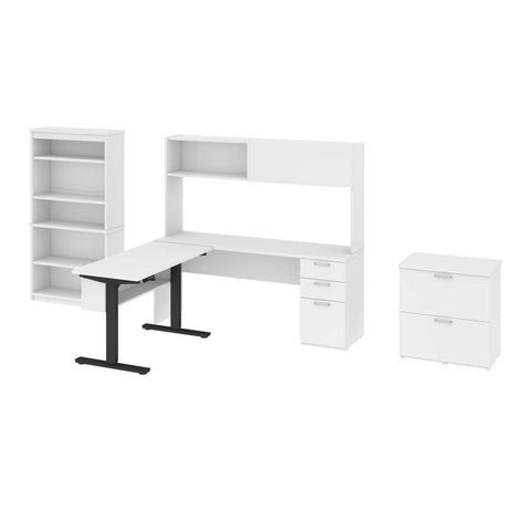 4-Piece set including a standing desk, a credenza desk with hutch, a lateral file cabinet, and a bookcase