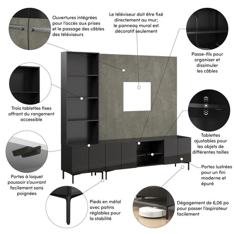 94W Modular Entertainment Center with TV Stand, Storage Cabinet, Hutch, and Small Wall Panel