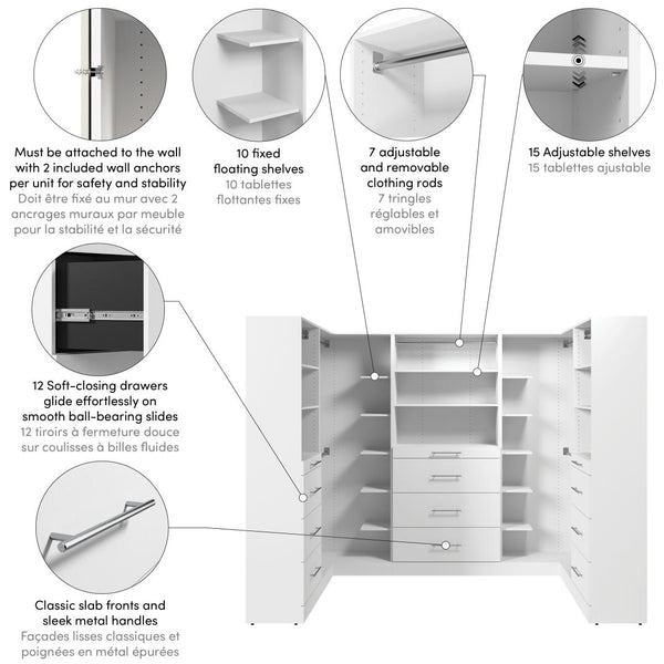 Modular U-Shaped Closet System with Shelves, Drawers & Clothing Rods, Slab Style, 105W x 61D