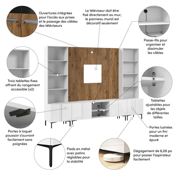 118W Modular Entertainment Center with TV Stand, Storage Cabinets with Hutches, and Small Wall Panel