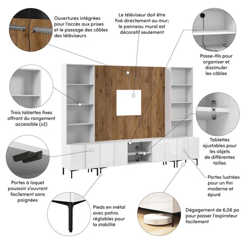 118W Modular Entertainment Center with TV Stand, Storage Cabinets with Hutches, and Small Wall Panel