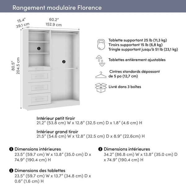 Modular Closet System with Shelves, Drawers & Clothing Rods, Shaker Style, 61W x 16D