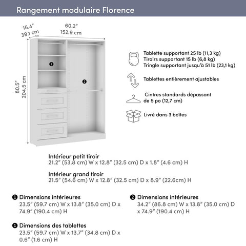 Modular Closet System with Shelves, Drawers & Clothing Rods, Shaker Style, 61W x 16D