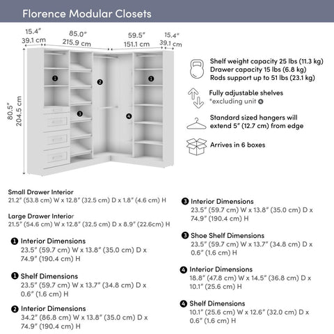 Modular L-Shaped Closet System with Shelves, Drawers, Clothing Rods & Shoe Racks, Shaker Style, 85W x 60D