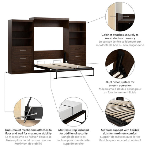 Queen Murphy Bed and 2 Shelving Units with Drawers (136W)