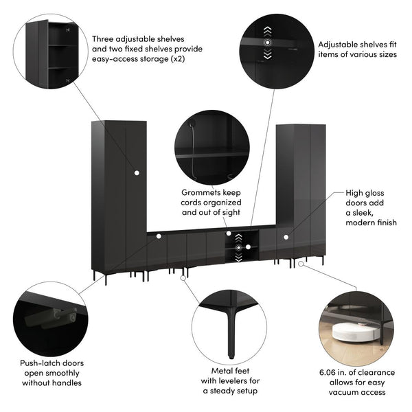 141W Modular Entertainment Center with TV Stand, Storage Cabinet, and Tall Storage Cabinets