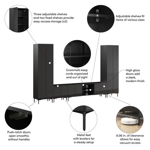 141W Modular Entertainment Center with TV Stand, Storage Cabinet, and Tall Storage Cabinets