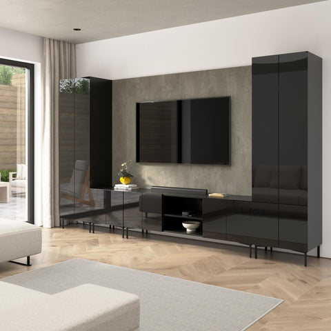 141W Modular Entertainment Center with TV Stand, Storage Cabinet, Tall Storage Cabinets, and Large Wall Panel