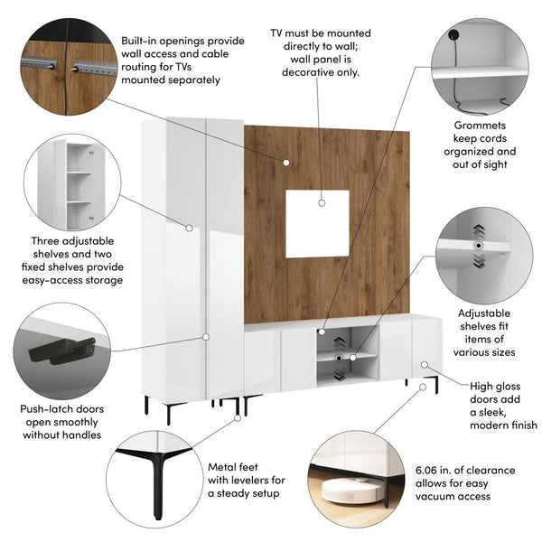 94W Modular Entertainment Center with TV Stand, Tall Storage Cabinet, and Small Wall Panel