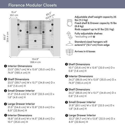 Modular U-Shaped Closet System with Shelves, Drawers & Clothing Rods, Slab Style, 105W x 61D
