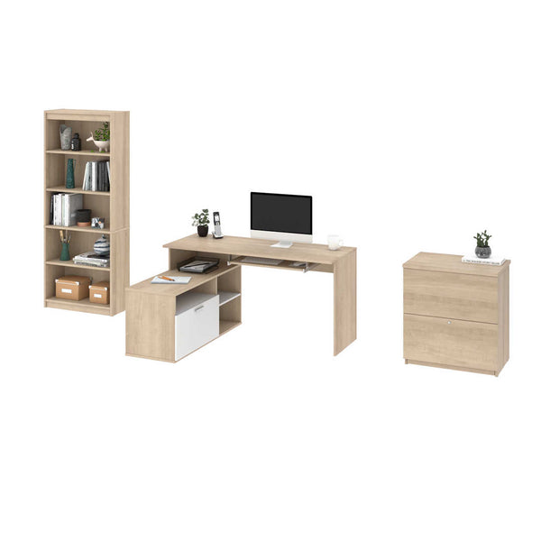3-Piece set including a small L-shaped desk, a Lateral File cabinet, and a bookcase