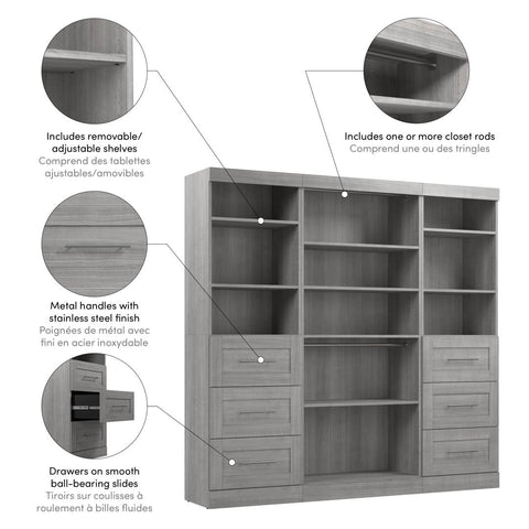 Contemporary Closet System with Shelves, Drawers & Clothing Rods, 86W x 19D