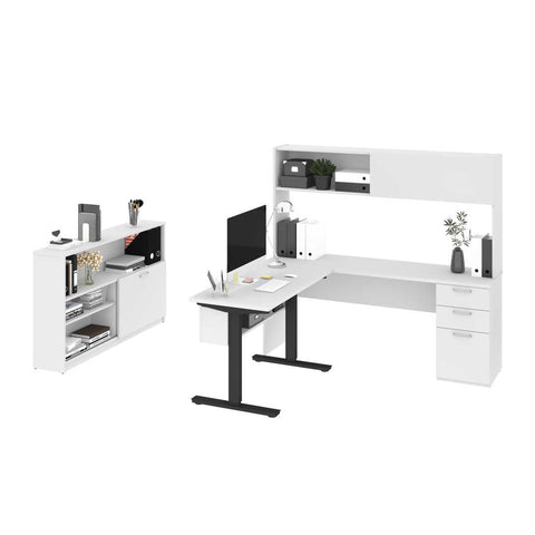 3-Piece set including a standing desk, a desk with hutch, and a credenza