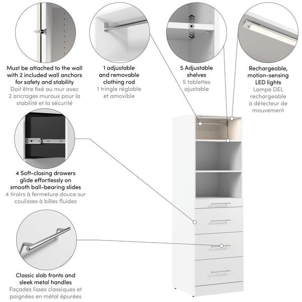 Modular Closet System with Shelves, Drawers, Clothing Rod & LED Light, Slab Style, 25W x 25D