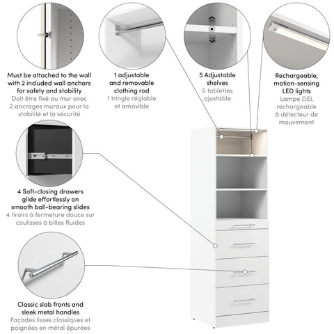 Modular Closet System with Shelves, Drawers, Clothing Rod & LED Light, Slab Style, 25W x 25D