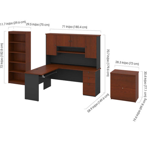 3-Piece set including an L-shaped desk with hutch, a lateral file cabinet, and a bookcase