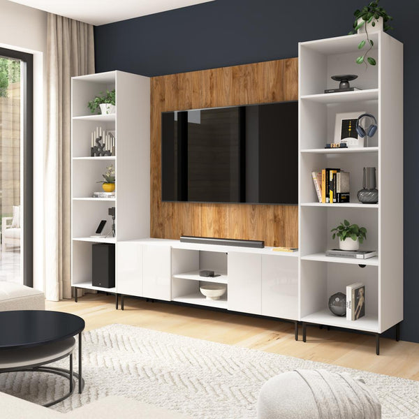 118W Modular Entertainment Center with TV Stand, Media Storage Towers, and Small Wall Panel
