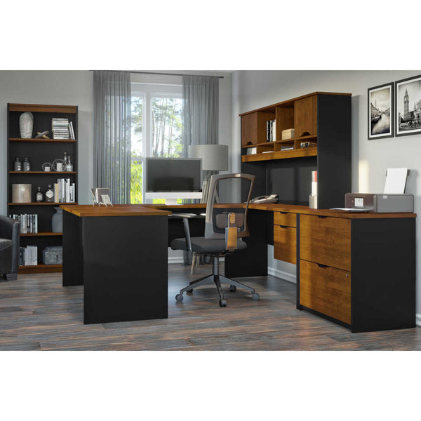 U or L-Shaped Desk with Hutch, a Lateral File Cabinet and a Bookcase