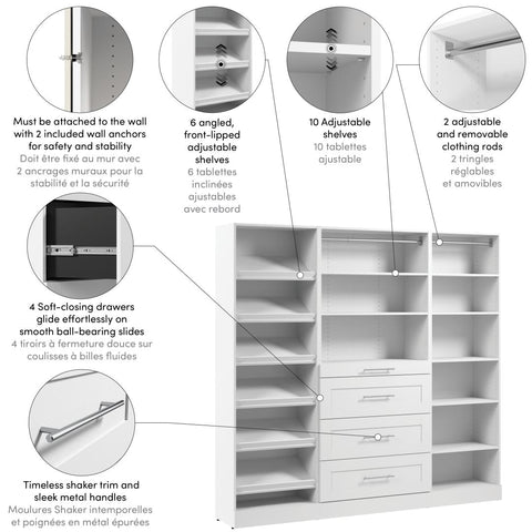 Modular Closet System with Shelves, Drawers, Shoe Racks & Clothing Rods, Shaker Style, 85W x 16D