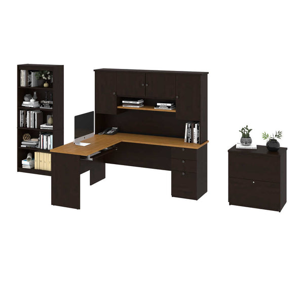 3-Piece set including an L-shaped desk with hutch, a lateral file cabinet, and a bookcase