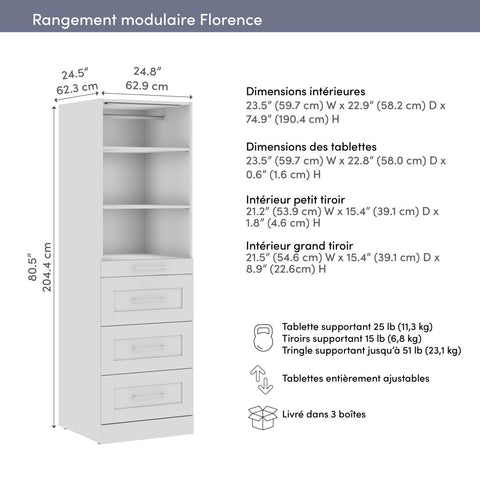 Modular Closet System with Shelves, Drawers, Clothing Rod & LED Light, Shaker Style, 25W x 25D