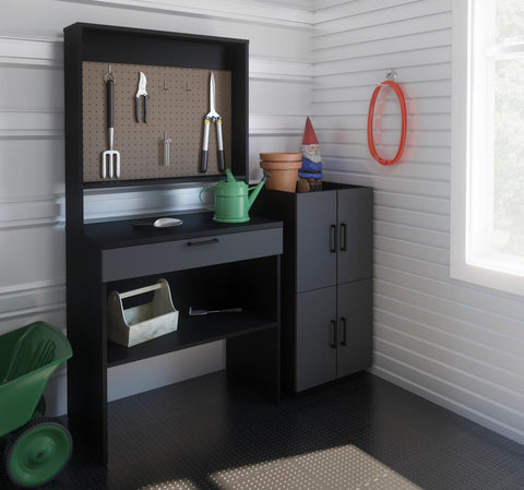 4-Piece Set including a Workbench with Pegboard and Stackable Storage Cabinets