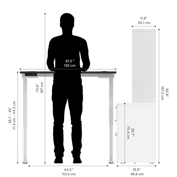 72W L-Shaped Standing Desk with Bookcase and File Cabinet