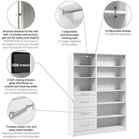 Modular Closet System with Shelves, Drawers & Clothing Rods, Shaker Style, 61W x 16D