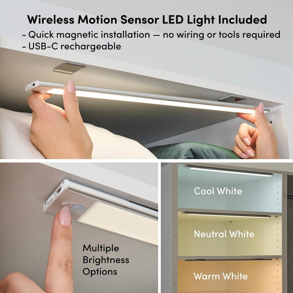 Modular Closet System with Shelves, Drawers, Clothing Rods & LED Lights, Shaker Style, 121W x 25D
