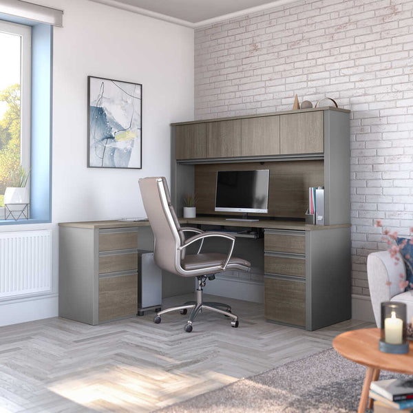 Modern L-Shaped Office Desk with Two Pedestals and Hutch