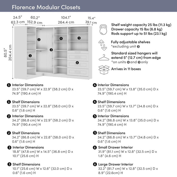 Modular L-Shaped Closet System with Shelves, Drawers, Clothing Rods & LED Lights, Shaker Style, 105W x 61D