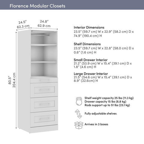 Modular Closet System with Shelves, Drawers, Clothing Rod & LED Light, Shaker Style, 25W x 25D