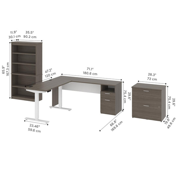 72W L-Shaped Standing Desk with Bookcase and File Cabinet